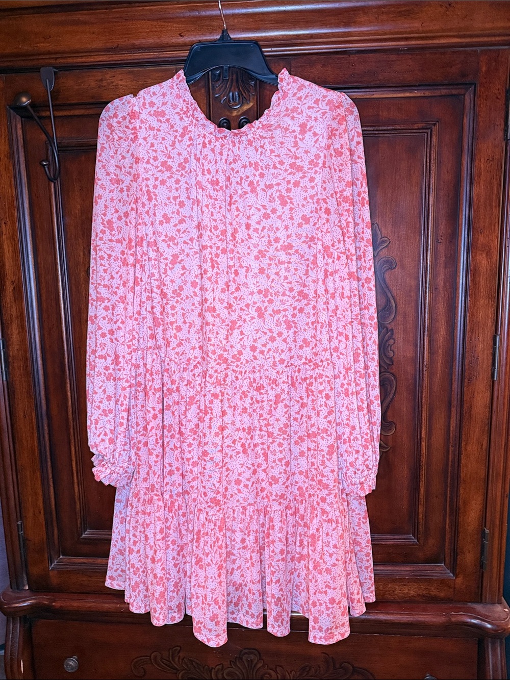 Floral Pink Long-Sleeve Tiered Midi Dress